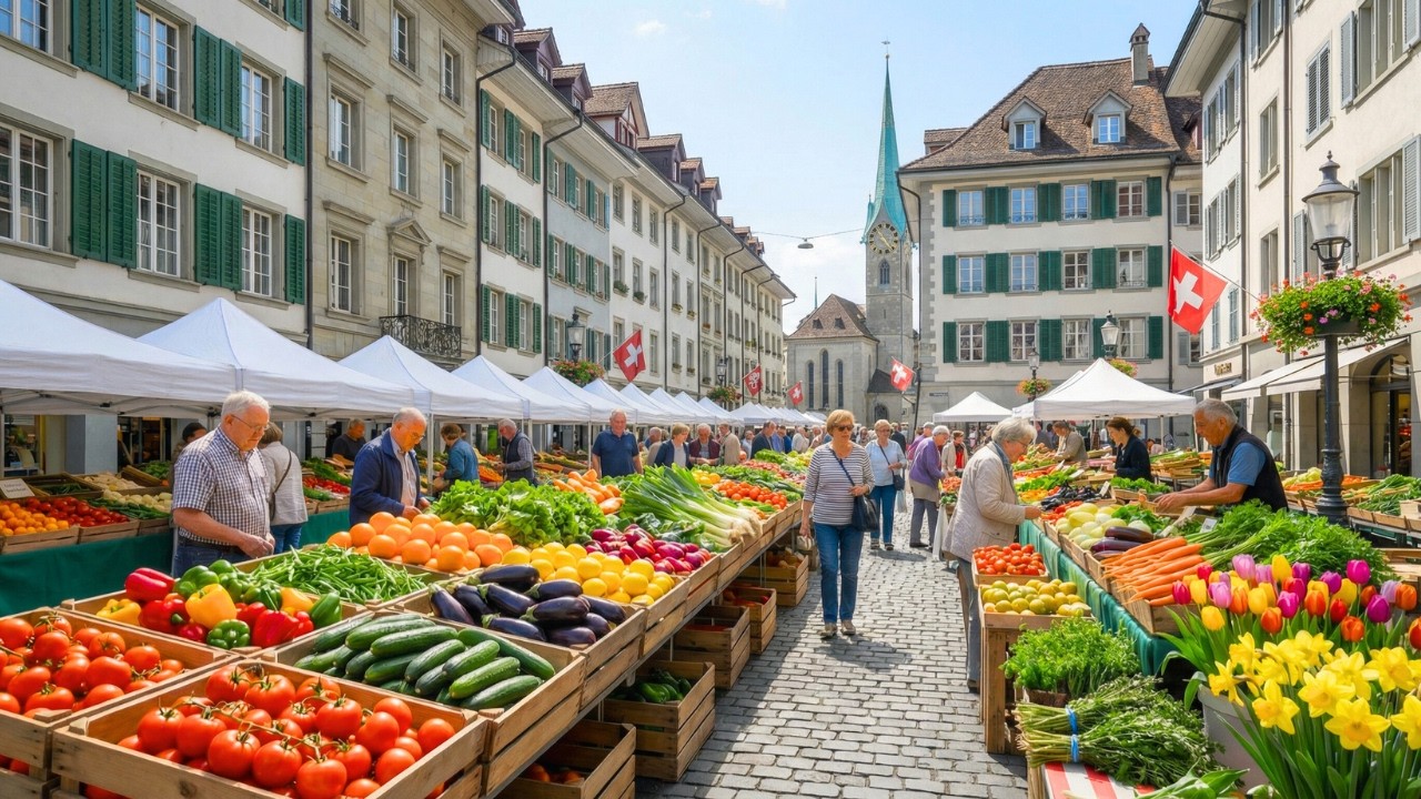 Утренний рынок в Цюрихе 🇨🇭 |  Прогулка по самому красивому городу Швейцарии