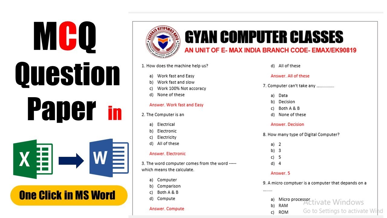 How to make MCQ question paper MS Excel into MS Word using Mail Merge in one click MS word