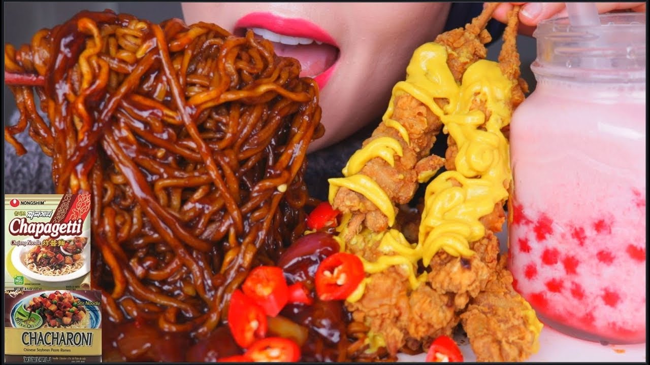 ASMR BLACK BEAN NOODLES + KFC HOT RODS + BOBA TEA | CHACHARONI + CHAPAGETTI | 炸酱面 | 咀嚼音 | 먹방