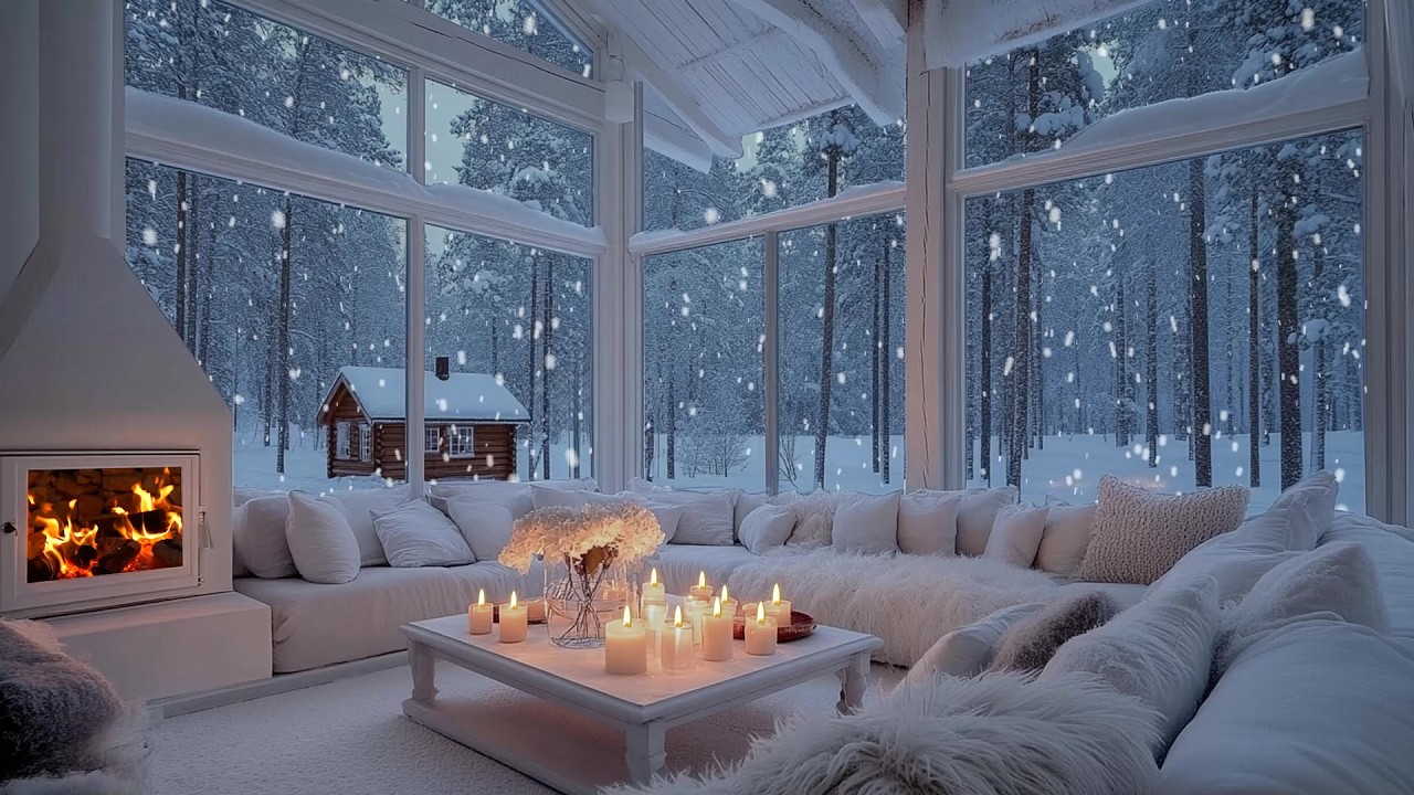 🌨️🎶 Snowy Twilight Piano Haven | Fireplace Glow & Gentle White Blossom Decor | Quiet Cozy Nights