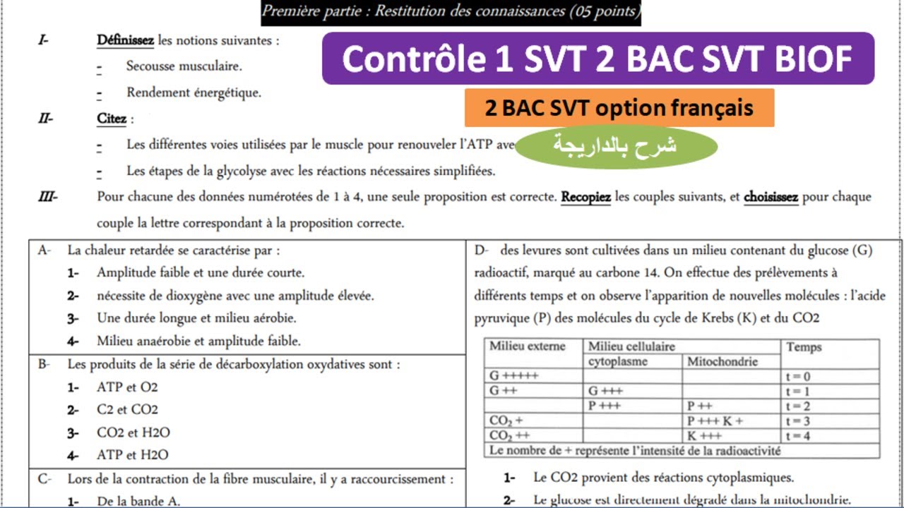 contrôle 1 svt 2bac svt option français : la consommation de la matière organique et flux d'énergie