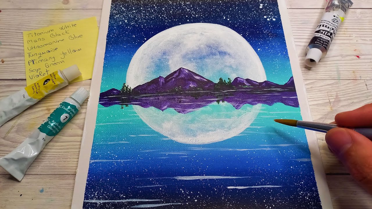 Pictura Acrilica - Peisaj de Noapte cu Luna Munti si Lac | Invata sa Pictezi