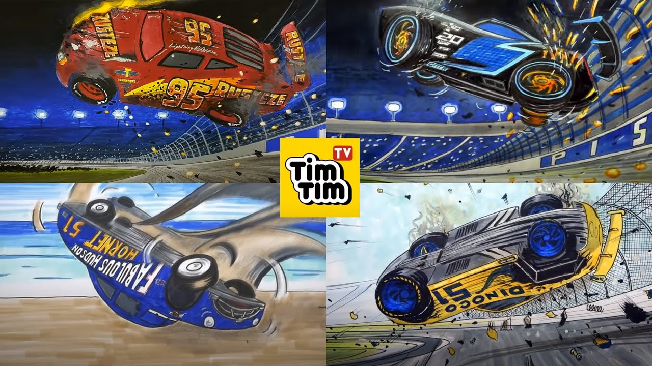 Compilation - Wild Airborne Car Crash Scene in CARS 3 . Drawing and Coloring Pages | Tim Tim TV