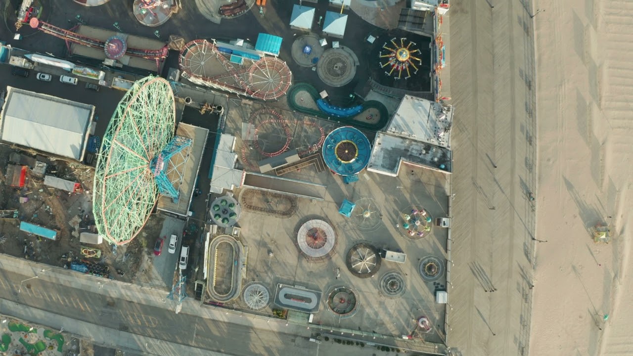 Aerial Top Down Drone Shot of Amusement Park at Coney Island During Winter