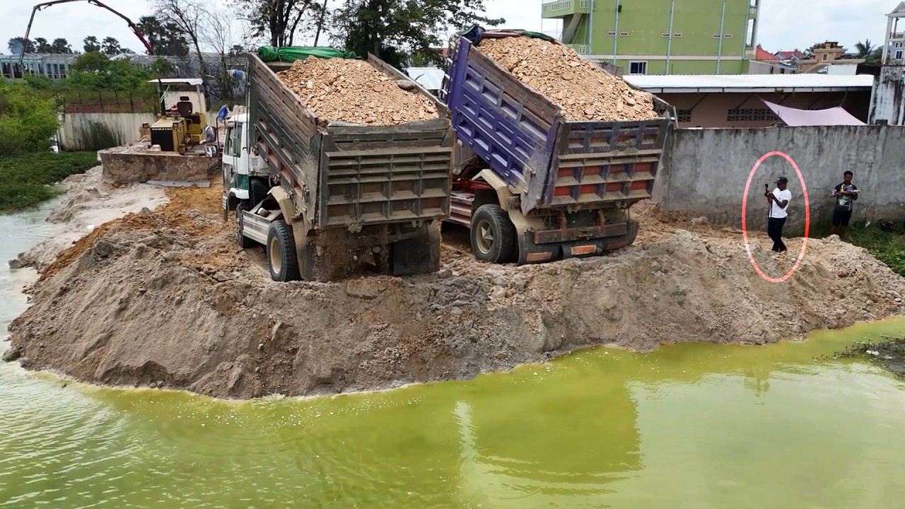 Amazing Process!! Great filling soil deep water using NISSAN trucks 5ton with Skill KOMATSU Dozer