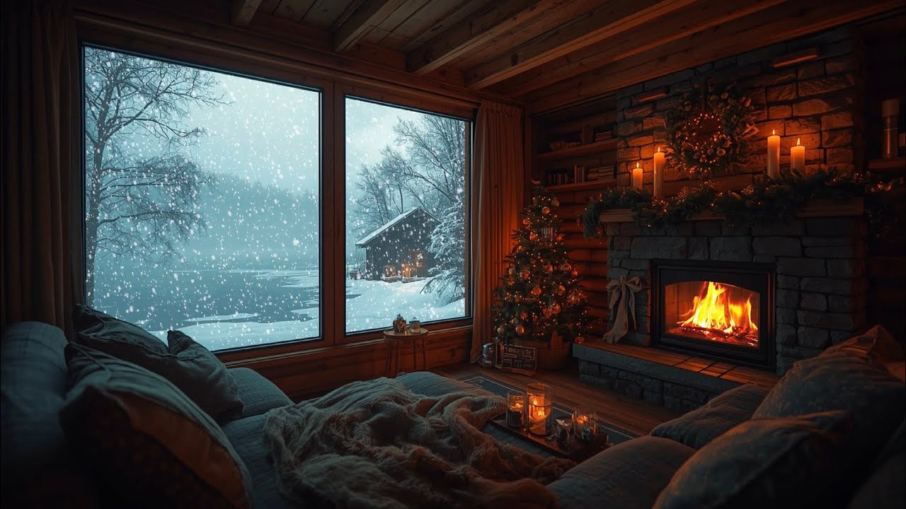 Cozy Winter Cabin - Warm Crackling Fireplace Sounds & Heavy Snowfall View for Deep Sleep | 2 Hours
