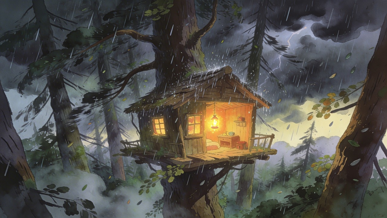 On a rainy day, the couple stayed in a treehouse in the forest 🌧️ Ghibli-style ASMR