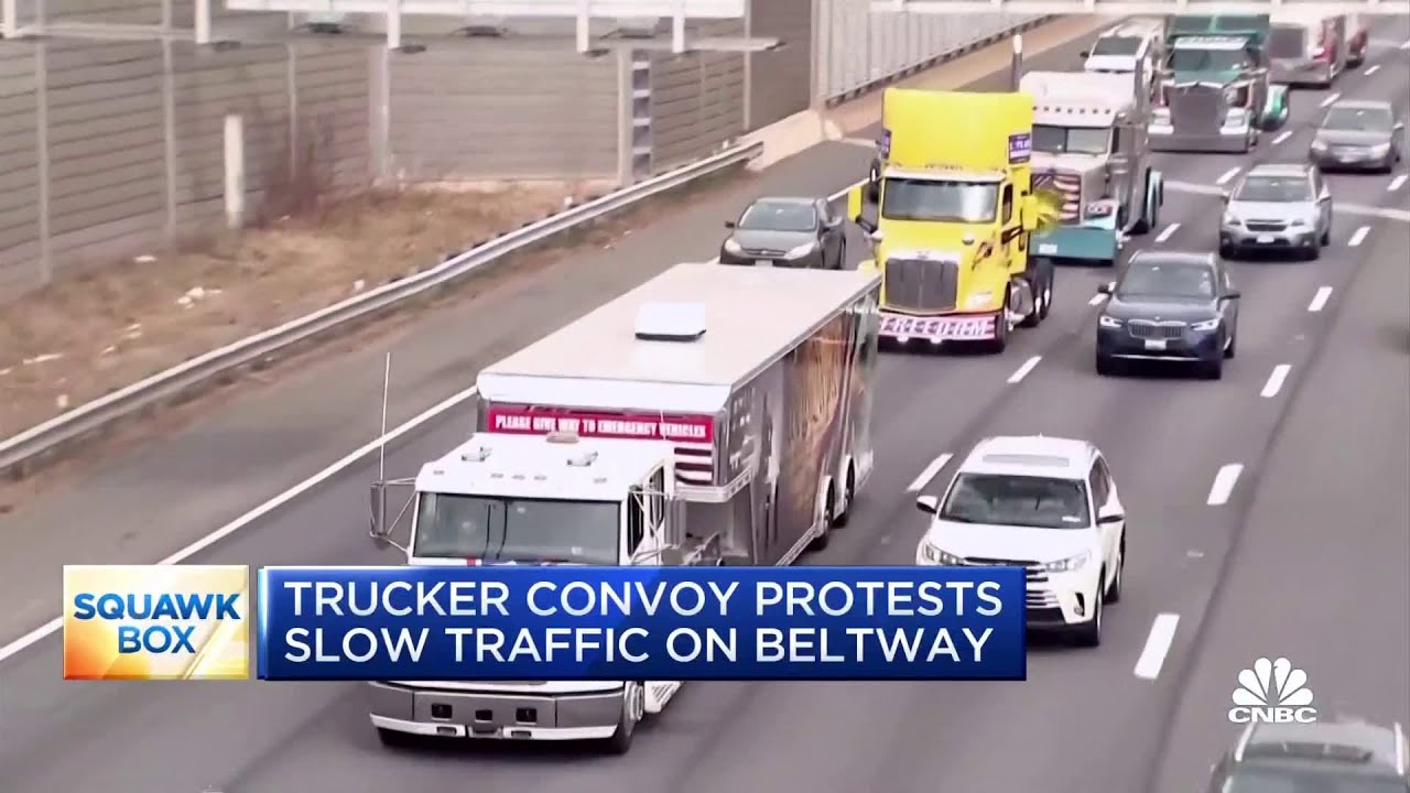 Trucker convoy protesting Covid measures slows traffic on D.C. Beltway