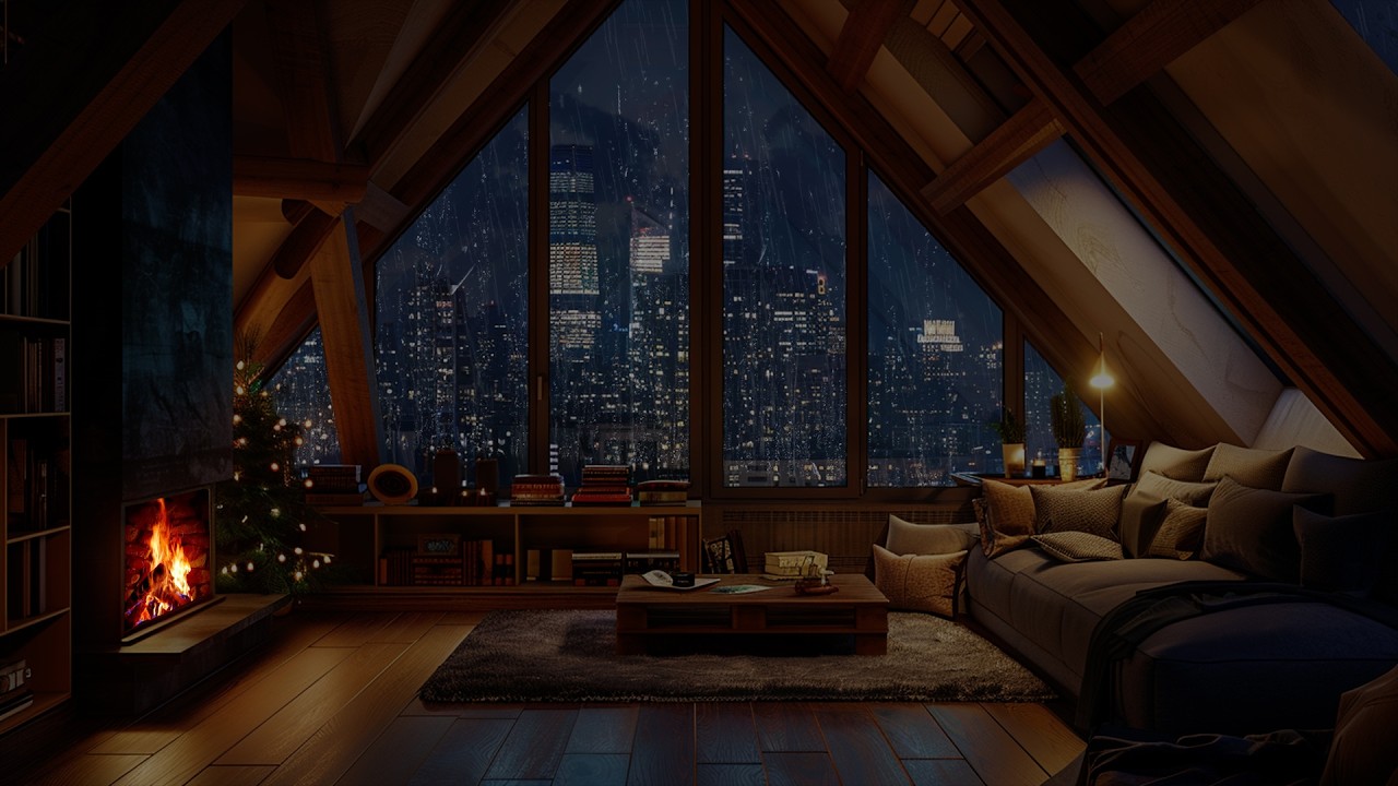 Night Rain with Fireplace Crackling | Warm, Calm Ambience for Deep Restful Sleep