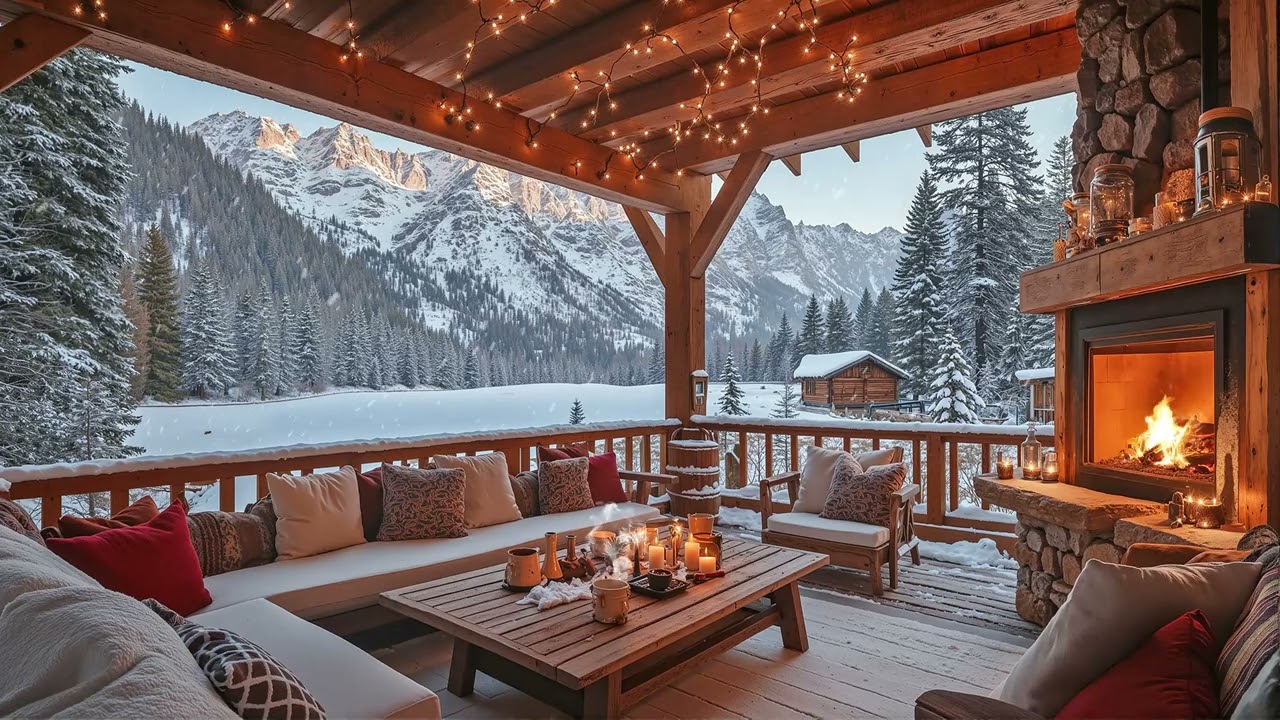 Cozy Winter Porch Jazz ❄️ Snowfall Ambience, Fireplace Warmth & Relaxing Smooth Jazz