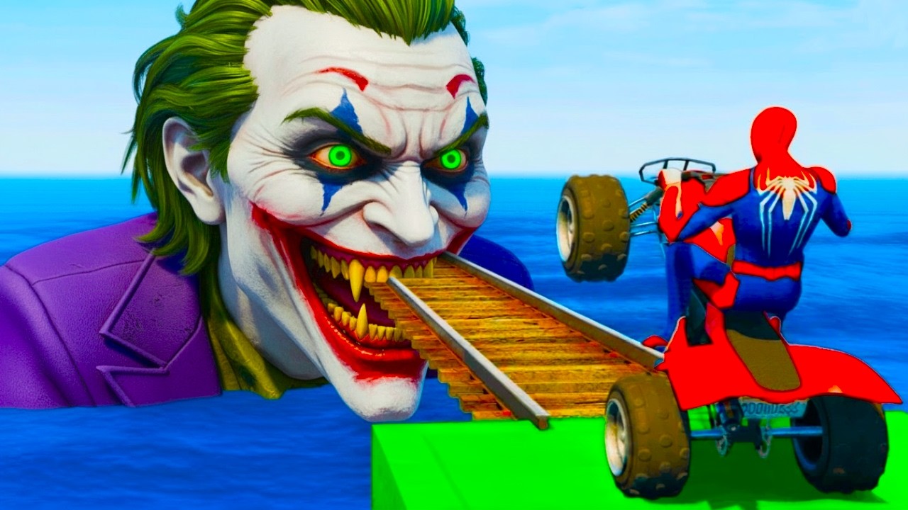 سبايدر مان اصعب دراجة نارية فوق اسماك القرش - Superheroes Ride on Motorcycle Stunt Funny Moments??
