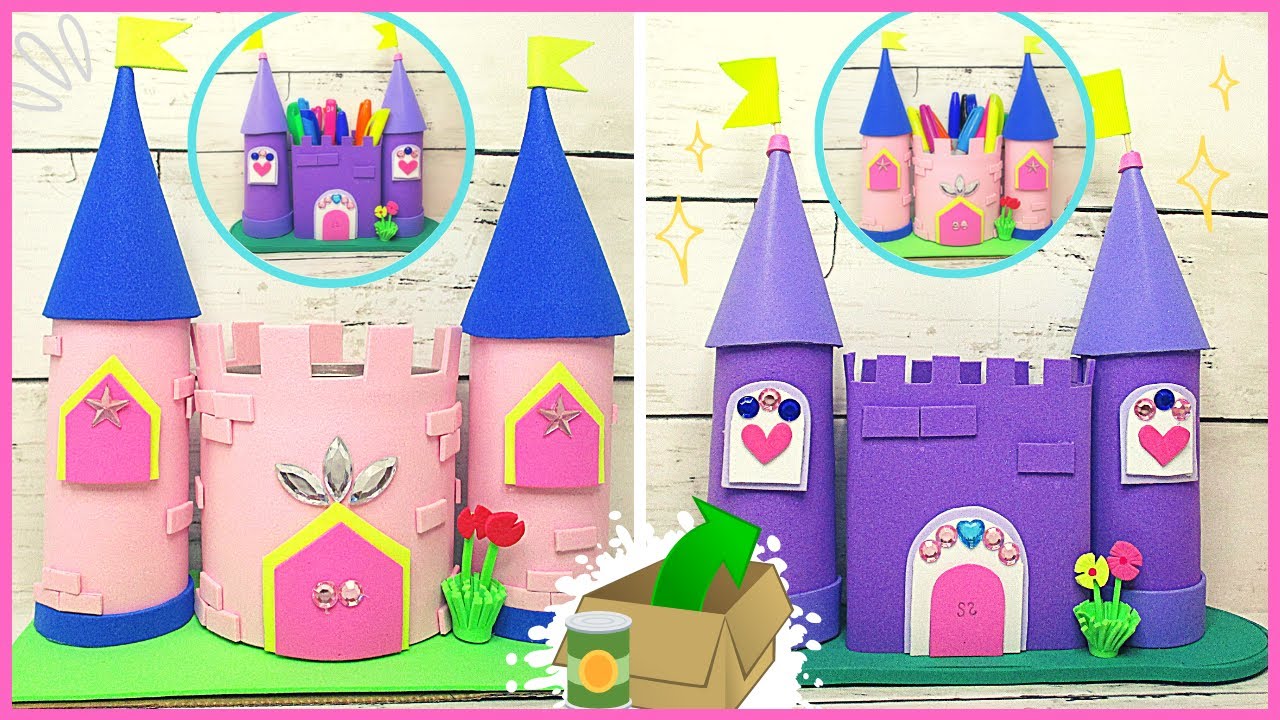 Castillo de fomi y material RECICLADO/Dulcero portalápices castillo de Princesa👑 CUMPLEAÑOS princesa