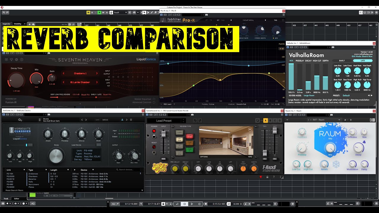Reverb Comparison [DRUMS]:  Valhalla, Verbsuite, FabFilter, Seventh Heaven, Sunset Sound, RAUM