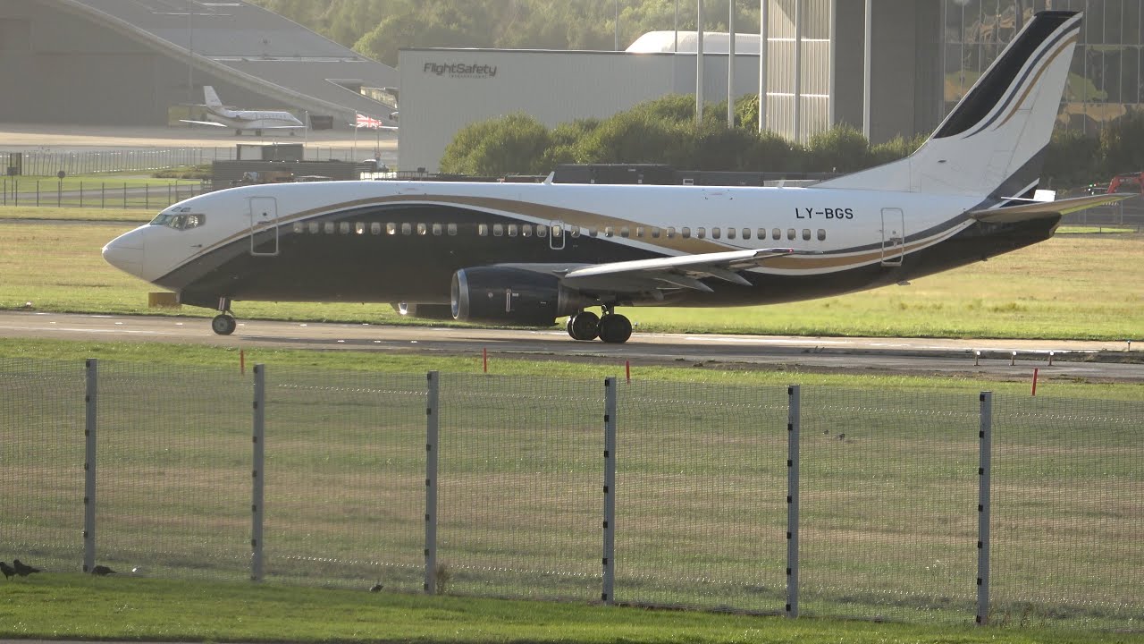 Luxury VIP Boeing 737-300. LY-BGS. Ex Deutsche BA. Windy Weather! Farnborough Departure. 20 Sept. 25