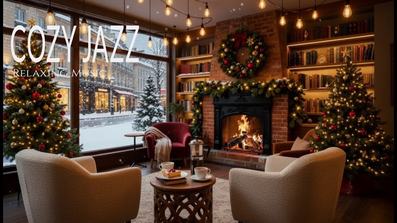 Cozy Cafe Space with Gentle Jazz Music ~ Jazz Piano and Fireplace Sounds to Reduce Stress, Anxiety