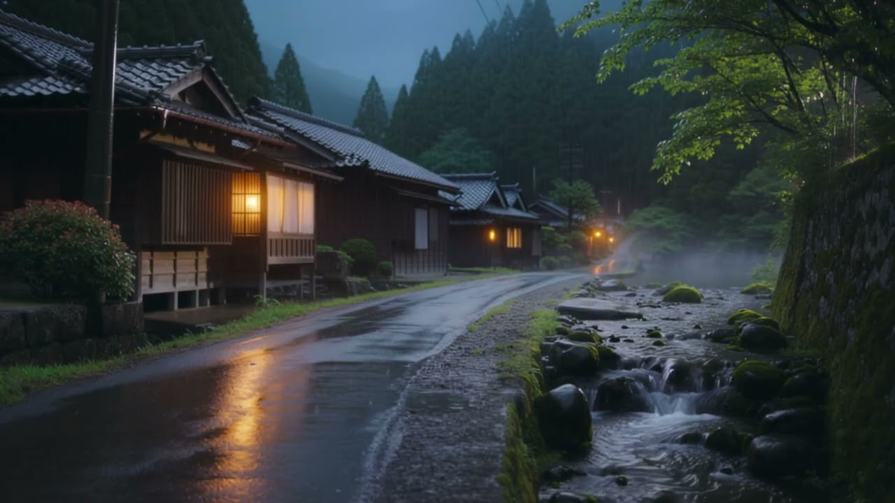 Peaceful Japanese Night Rain with Flowing Stream | 8 hours