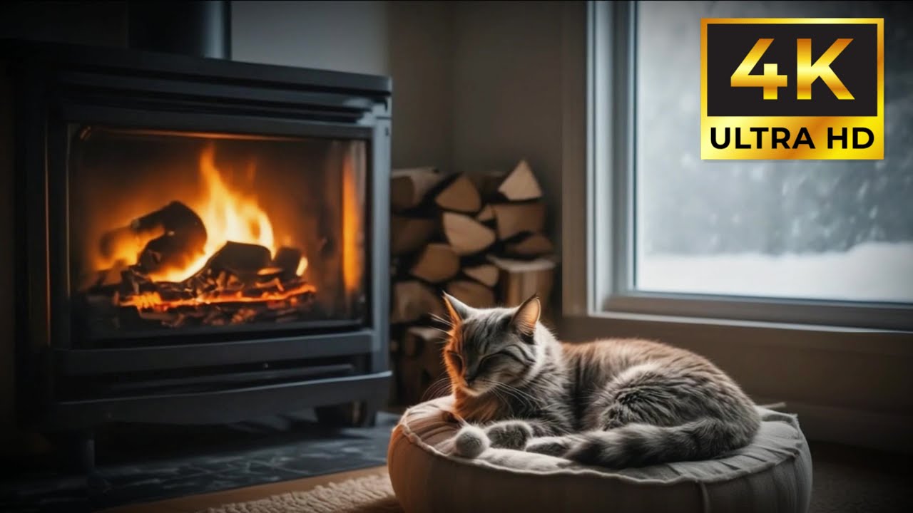 Cozy Fireplace with Sleeping Cat ❄️🔥 | Relax • Sleep • Study | 2 Hours (4K)