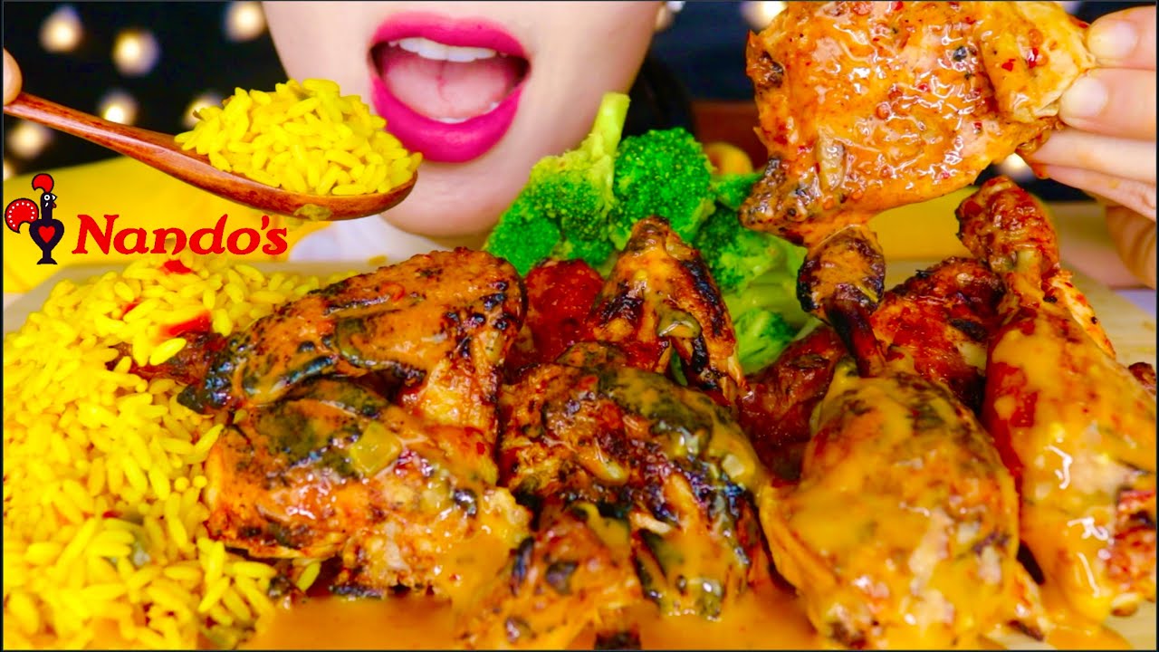 ASMR NANDO’S PERI PERI CHICKEN, SPICY TUMERIC RICE, FRIED BROCCOLI VEGGIES, ORANGE SODA 咀嚼音 먹방