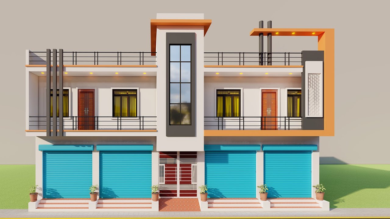 दो भाइयों के लिए निचे चार दुकान ऊपर चार कमरे का मकान,3D 50 by 25 Shop With House Elevation,New House