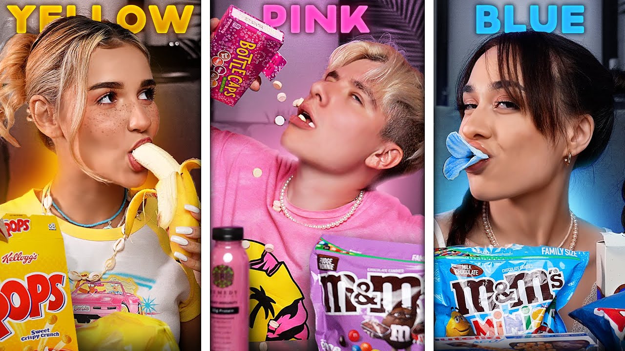 PINK vs BLUE vs YELLOW food CHALLENGE // Color food ASMR MUKBANG (With SUBTITLES)