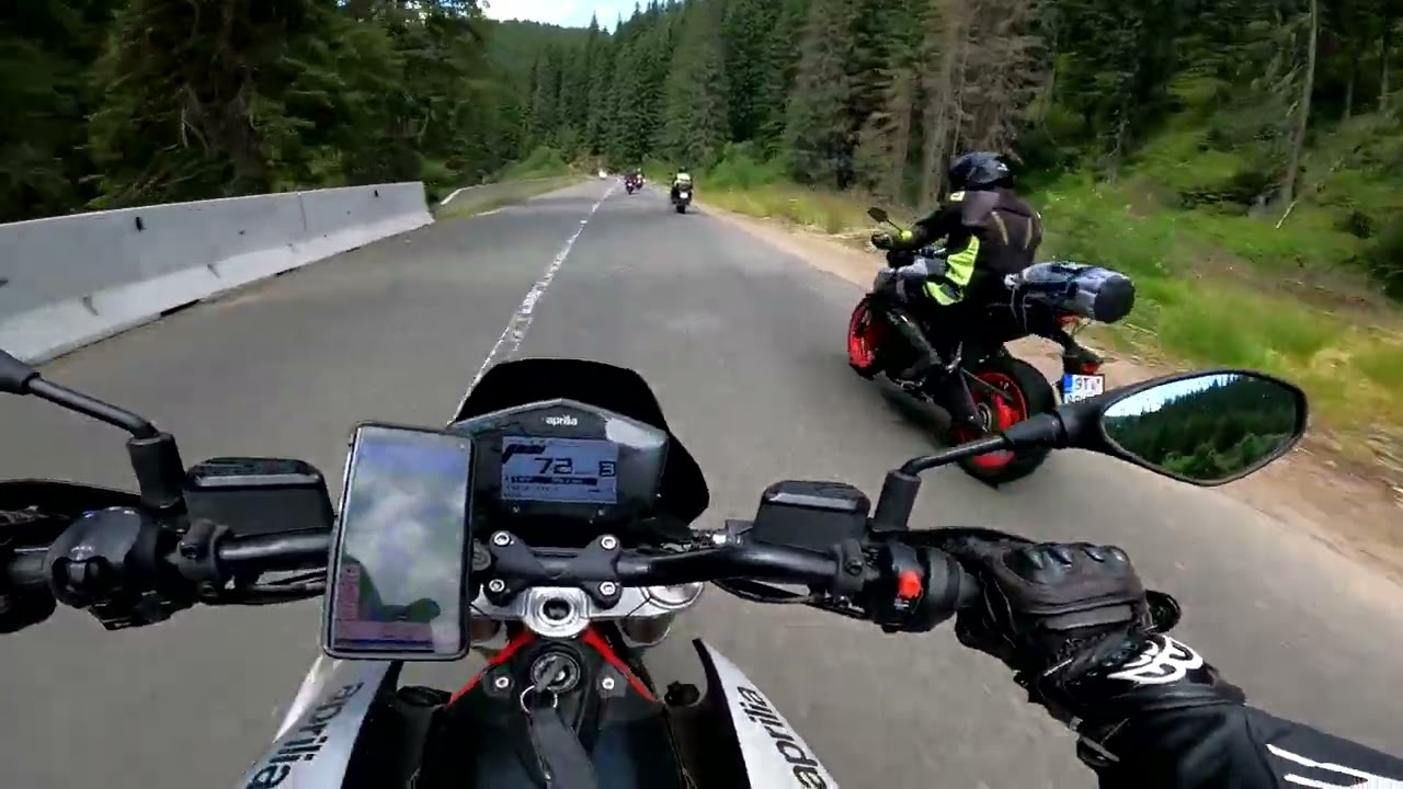 A sporty ride through the Transalpina woods on an Aprilia Dorsoduro 900