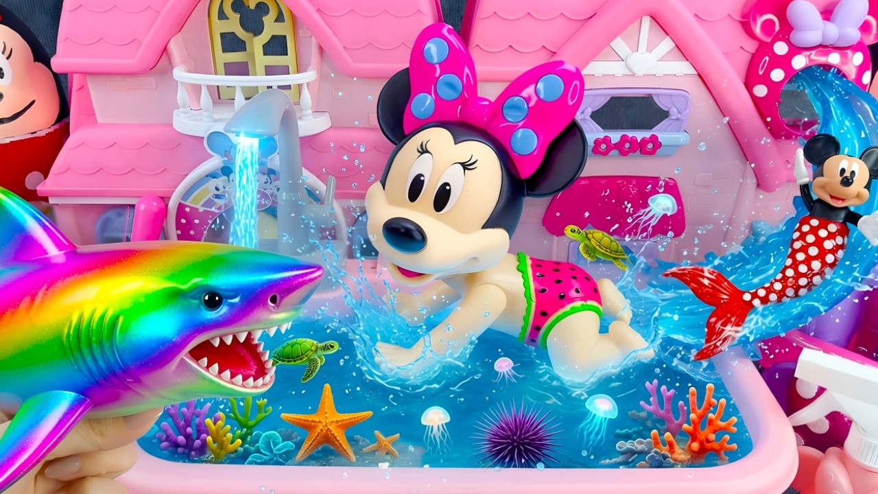 Minnie Mouse 2026🎀 Set Unboxing rainbow mermaid bath y piscina sorpresa con tibur&oacute;n arco&iacute;ris ASMR