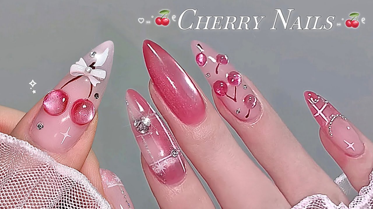 🍒Cherry nail 🍒 /요즘 유행하는 체크 바코드 네일🎀/ 자석젤로 체리 만드는 법 ! 30만뷰네일 ✨