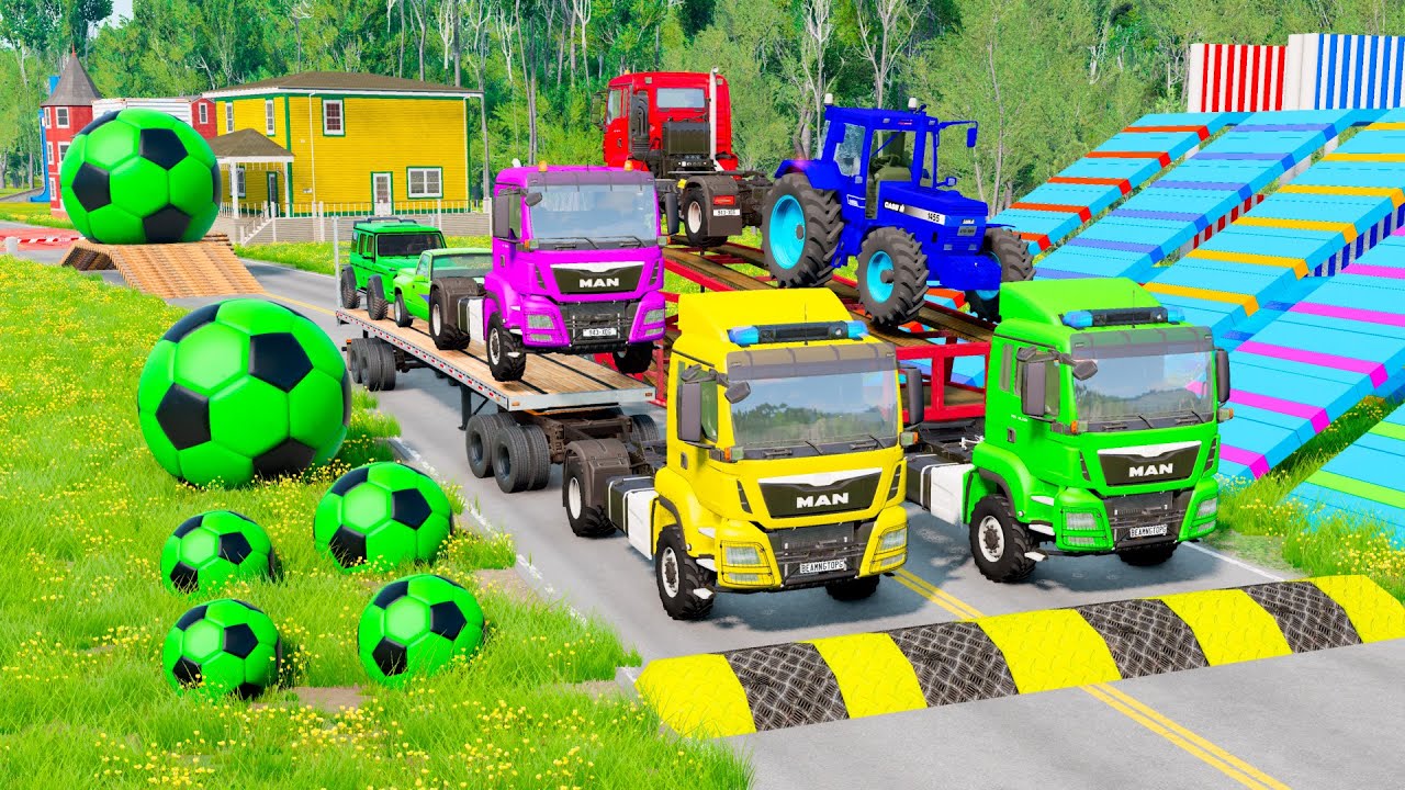 TRANSPORTING PIXAR CARS & FRUITS WITH COLORED & JOHN DEERE vs CLAAS vs TRACTORS - BeamNG.drive #370