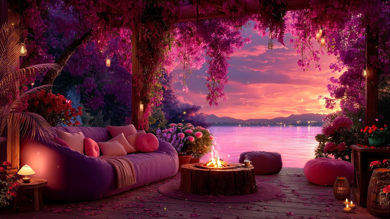 Romantic Lake Sunset 💜 Cozy Floral Terrace with Fire Pit and Pink Sofa 4K