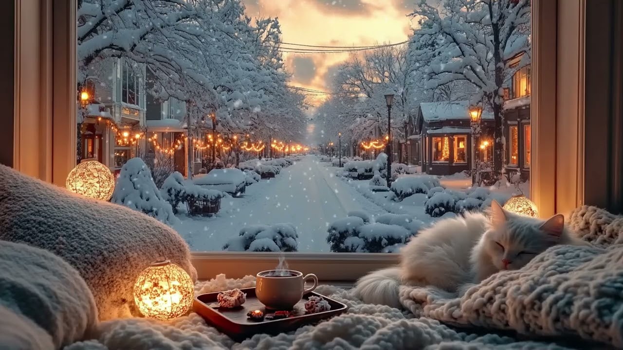 🏡🐱 Chill Piano Winter Scene | Cabin, Snowfall & White Cat | 3 Hours Focus Relax Stress Relief Study