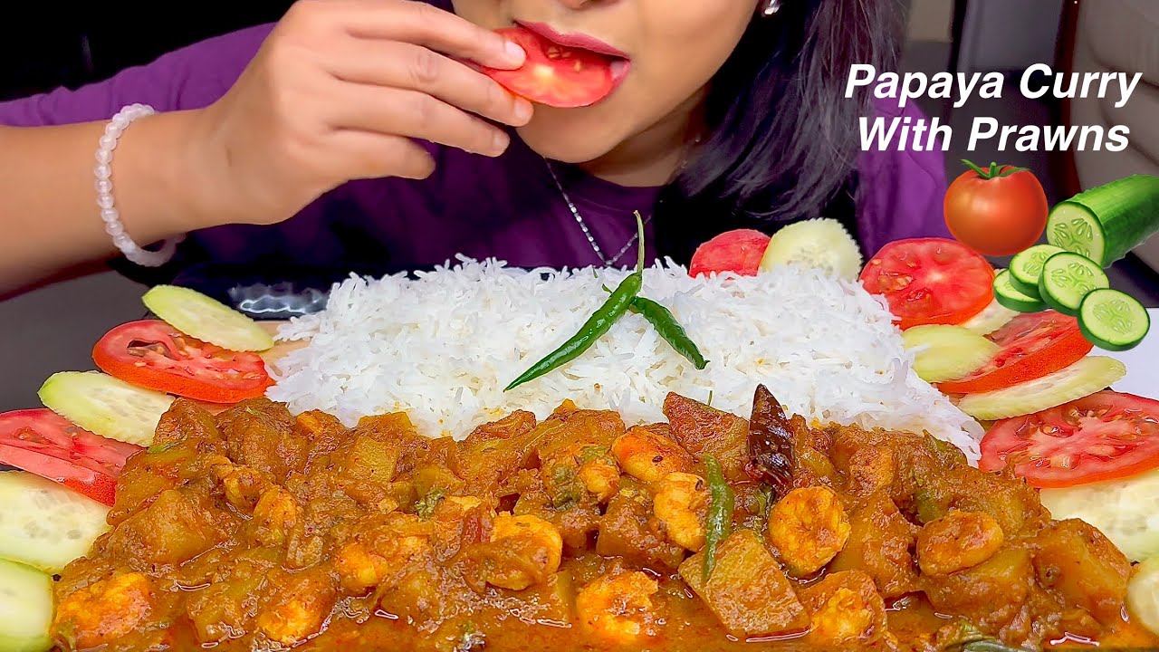Cooked special Papaya curry with prawns_served with basmati rice and salad | ASMR Eating 