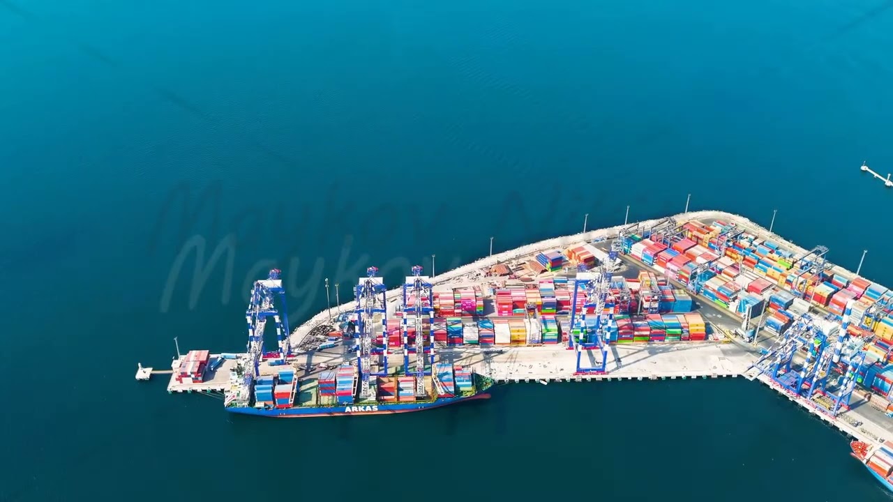 Istanbul, Turkey. Beylikduzu, Marmara. Wide aerial view of Port of Ambarly with colorful stacked ...