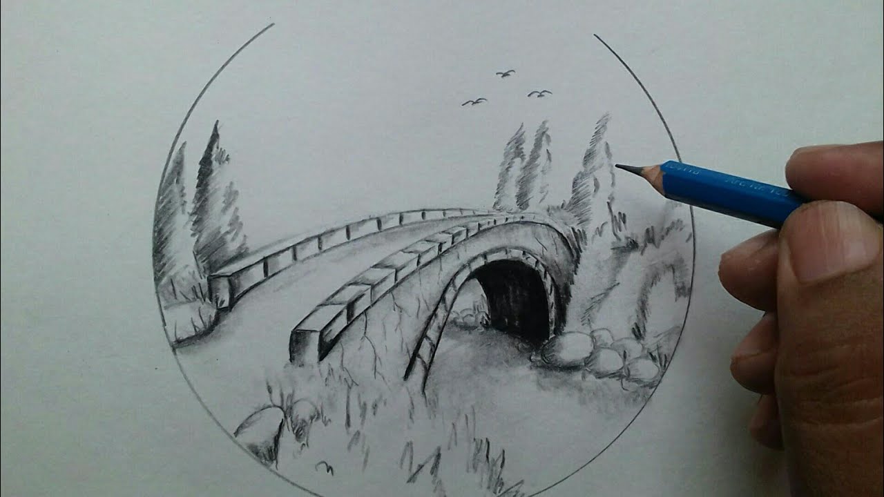 Easy and beautiful scenery drawing step by step / a bridge drawing with pencil