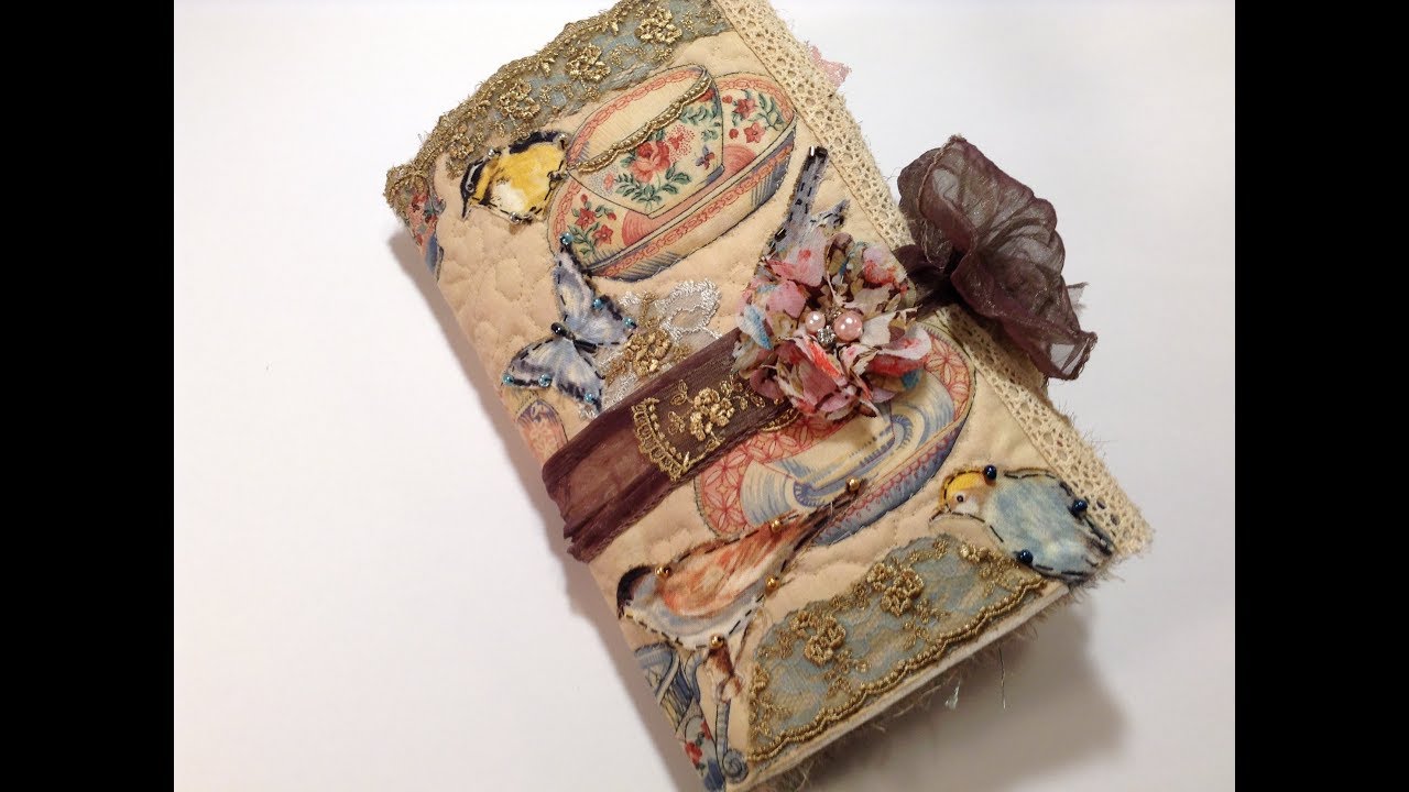Fabric Cover Journal with Tea Cups and Birds - Vintage Junk Journal, TN, Diary or Keepsake