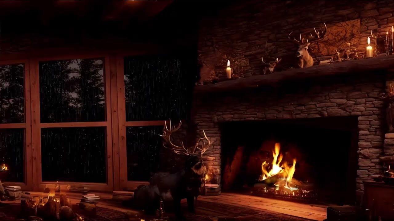 Cozy Cabin Fireplace 🔥 Rainy Night Ambience for Sleep, Relax & Study (3 Hours)