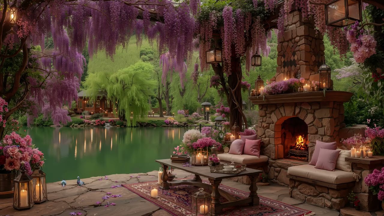 Peaceful Spring Cabin by the Lake 🌸 Soft Piano & Cozy Fireplace Ambience for Relaxation