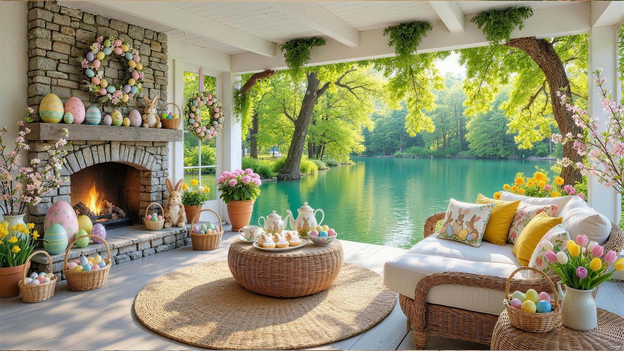 🐰 Cozy Easter Ambience with Spring Atmosphere 🌿 Fireplace with Cute Bunnies & Calm Piano Music