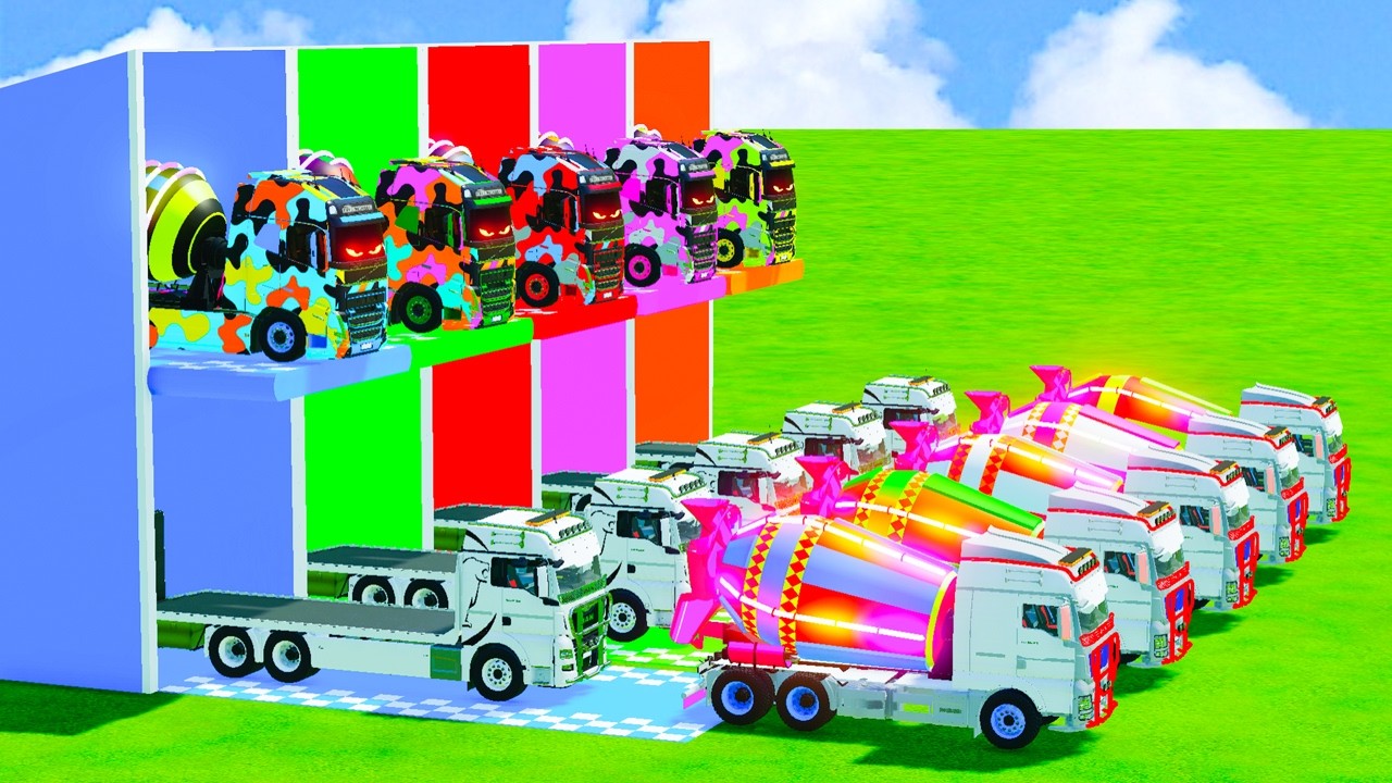 Garage with Colors - ALL MIXER TRUCK WITH DOUBLE FLATBED TRAILER TRUCK, VOLVO, KENWORTH, MERCEDES