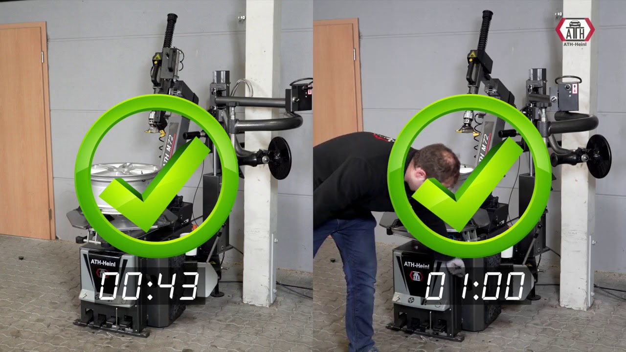 Pneumatischer Montagefinger vs Montiereisen bei einer Reifenmontiermaschine von ATH Heinl