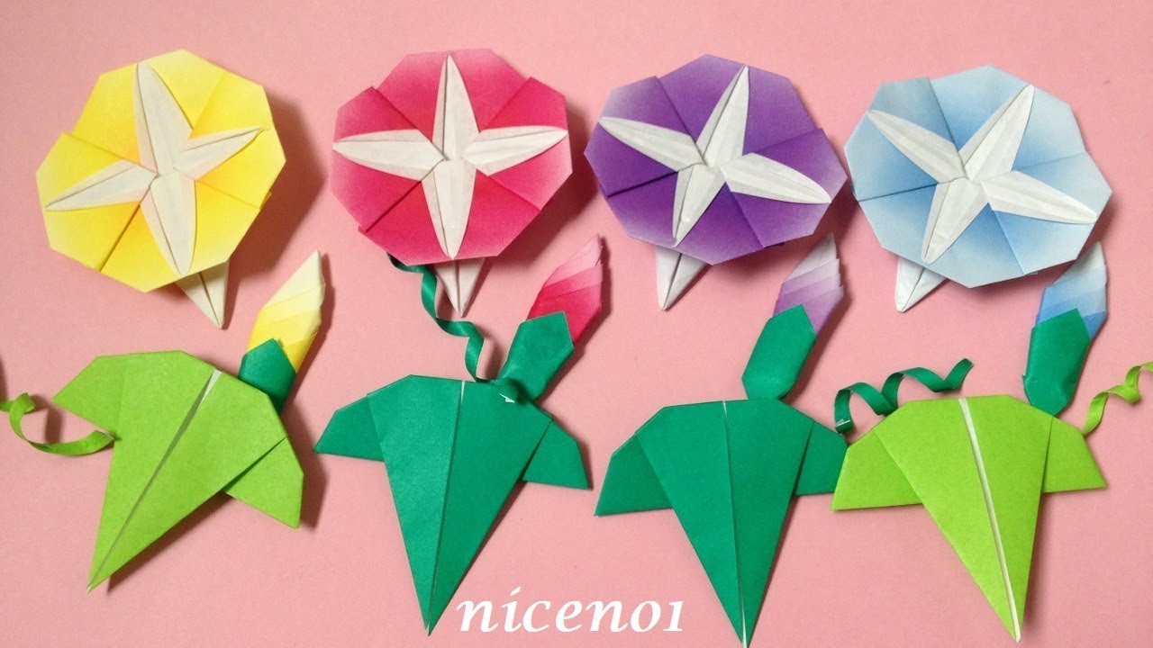 折り紙 あさがおの花、つぼみ、葉、ツルの折り方 Origami Morning glory flower bud leaves tutorial（niceno1）