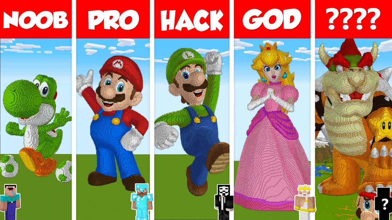 Minecraft SUPER MARIO STATUE HOUSE BUILD CHALLENGE - NOOB vs PRO vs HACKER vs GOD