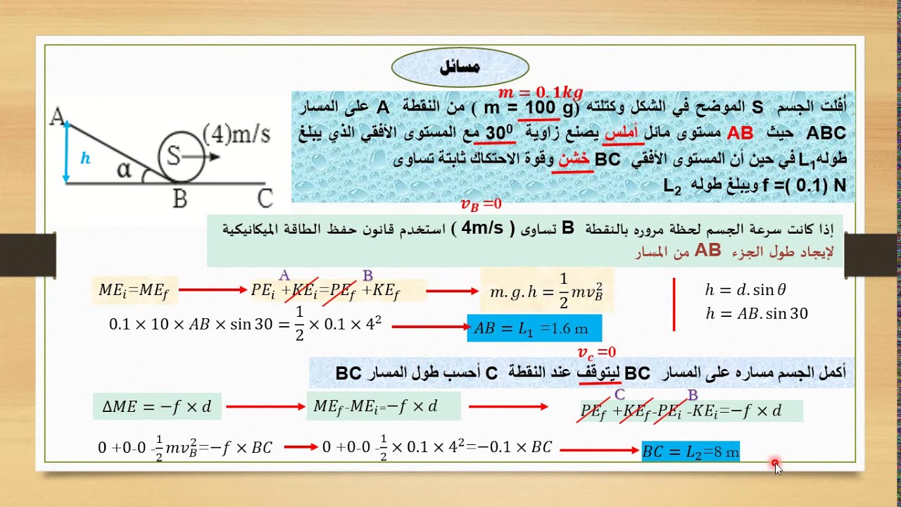فيزياء الصف الثاني عشر - مسائل على حفظ الطاقة الميكانيكية وعدم حفظ الطاقة الميكانيكية في نظام معزول