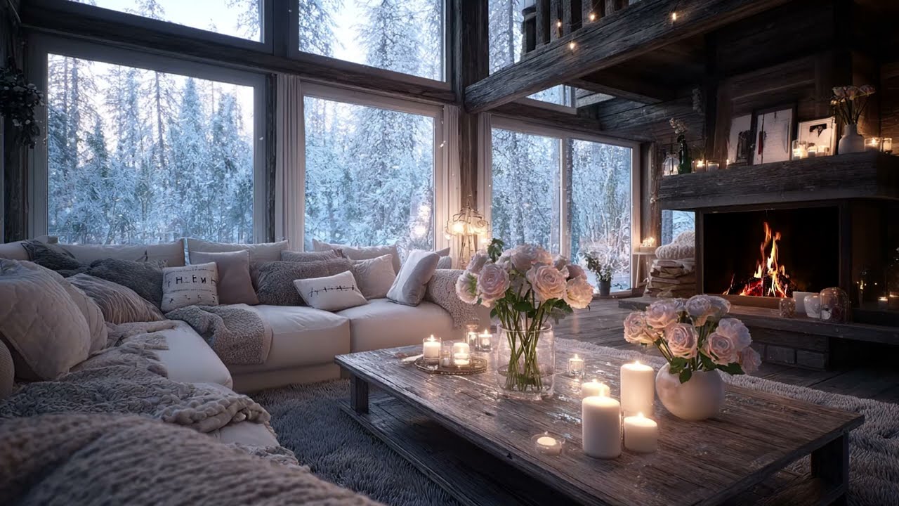 Productive Winter Study Session: Soft Piano Music, Snowy Cabin and Crackling Fireplace