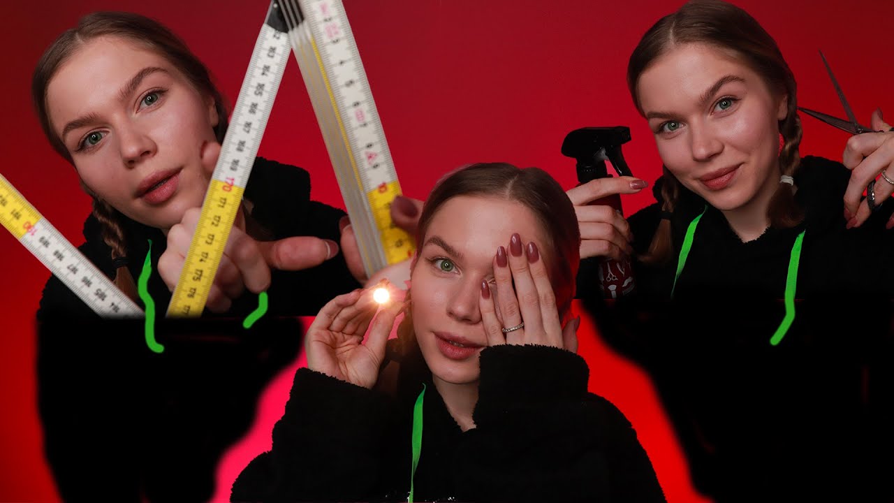 ASMR Your 3 favorite Personal Attention Mix in 1 video (Face Measuring, Eye Exam, Haircut)