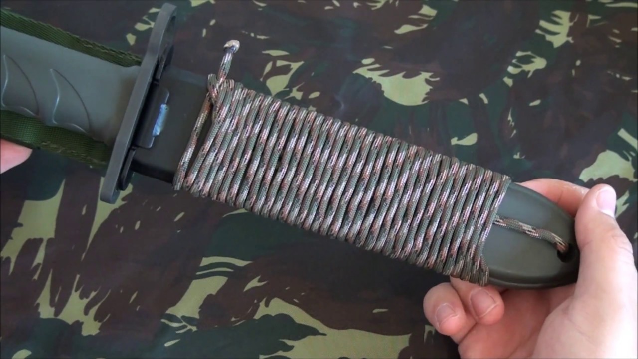 Como amarrar uma corda no cabo ou bainha da faca de sobrevivência (nó falcaça)