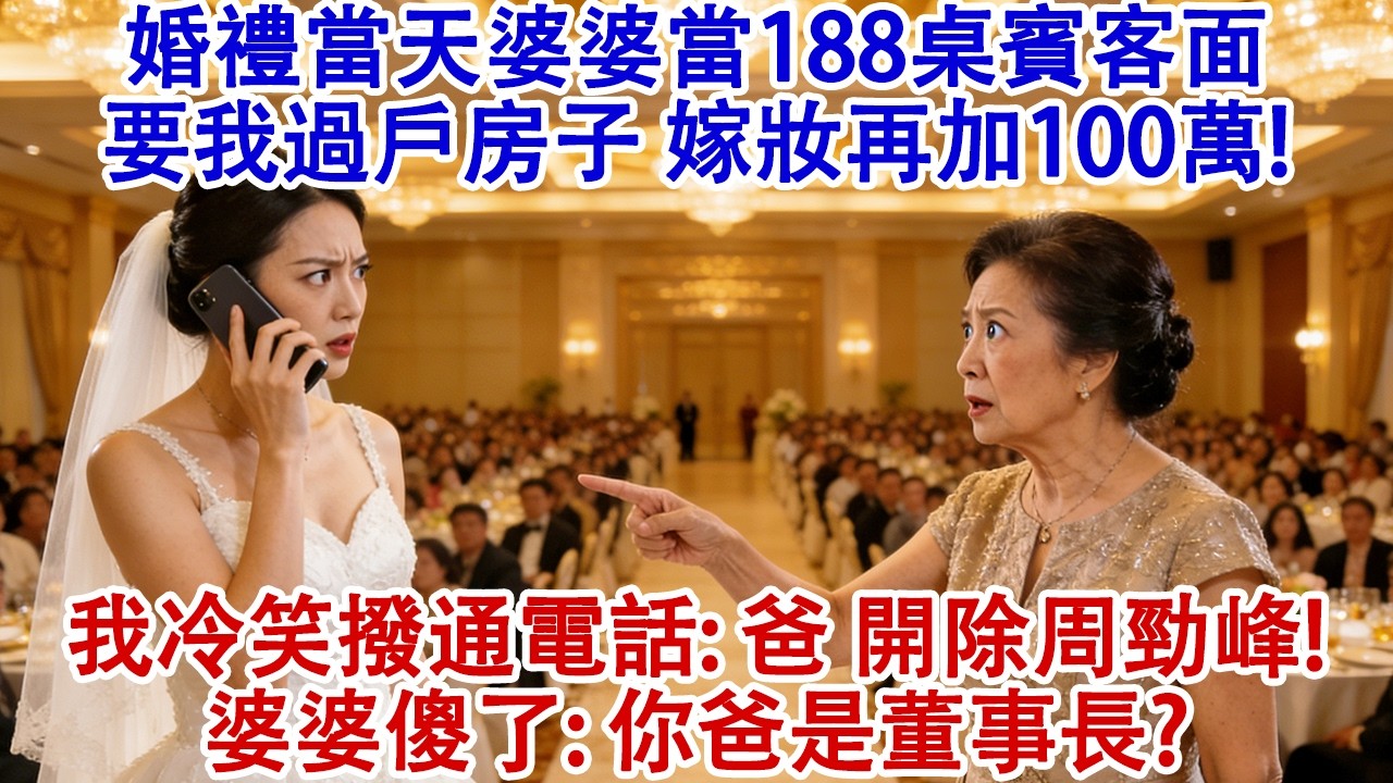 婚禮當天未婚夫遲遲不來接親，婆婆當188桌賓客面要我過戶房子，嫁妝再加100萬。她：要麼簽字！要麼滾！我笑著撥通電話：爸，開除周勁峰！婆婆傻了：你爸是董事長？#婆媳 #家庭 #婚姻 #情感故事