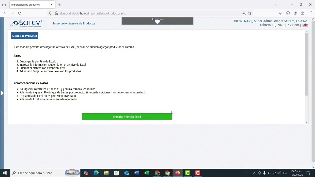 Subir base de datos de productos 