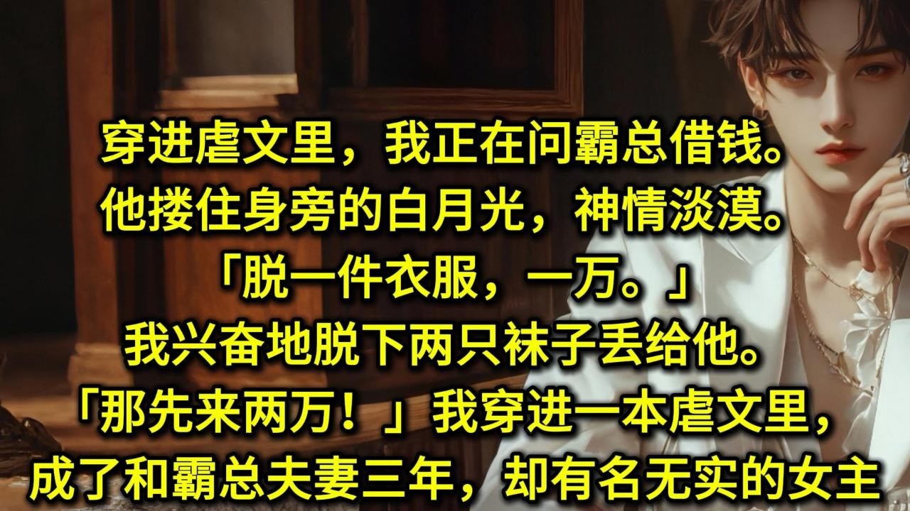 穿进虐文里，我正在问霸总借钱。他搂住身旁的白月光，神情淡漠。「脱一件衣服，一万。」我兴奋地脱下两只袜子丢给他。「那先来两万！」我穿进一本虐文里，成了和霸总夫妻三年，却有名无实的女主。