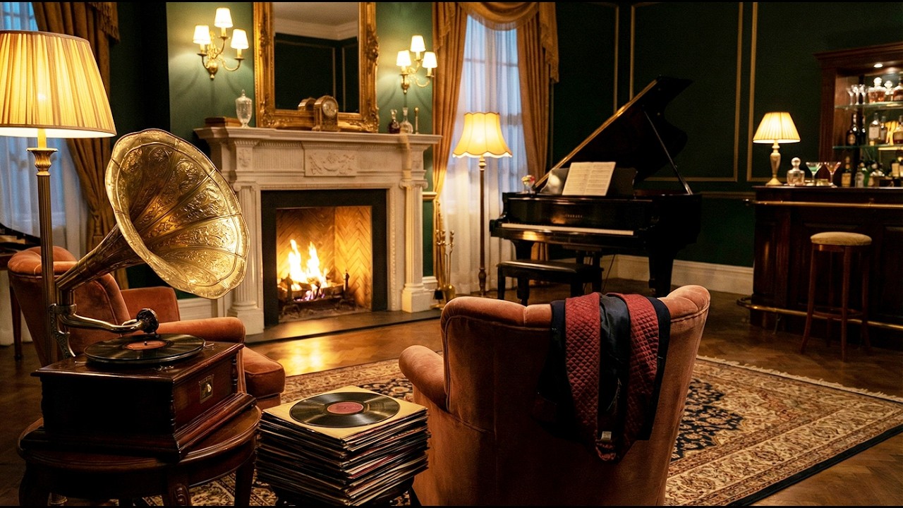 Vintage Jazz Living Room Ambience 🕯️ Fireplace, Gramophone & Piano (1930s–1940s Home Mood)