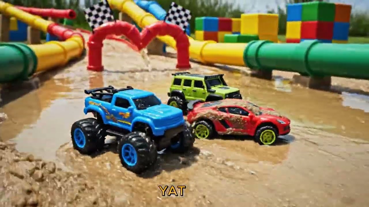 Rainbow Plastic Pipes and Toy Race Cars